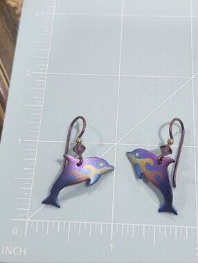 Signed Purple Multicolor Niobium Dolphin Hook Earrings